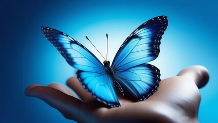 A blue butterfly is resting on a hand