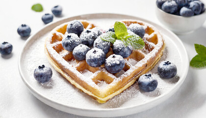 Heart shaped waffle topped with blueberries and powdered sugar, on a white plate.