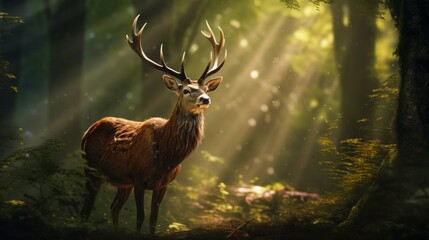 Graceful deer standing in a lush green forest, sunlight filtering through the trees, detailed fur and antlers.

