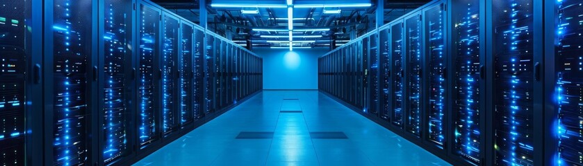 Fototapeta premium A sleek, modern data center, with rows of servers illuminated by vibrant blue LEDs, essential for todays cloud technology