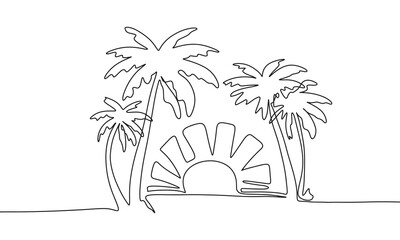 Beach landscape one line continuous. View with palm trees and sunset line art. Hand drawn vector art.