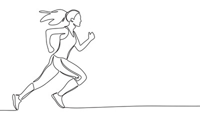 Running woman one line continuous. Woman runs line art. Hand drawn vector art.