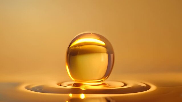 A single droplet of sunflower oil suspended in mid-air, its perfect spherical form reflecting the surrounding environment, showcasing the oil's transparency and clarity.