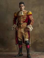 A man in a red costume is riding a bull