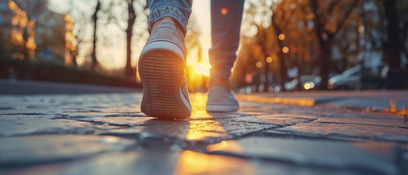 Closeup of feet walking on a city sidewalk, Walk to Work engraved in the pavement, morning light, Realism, High detail 8K , high-resolution, ultra HD,up32K HD