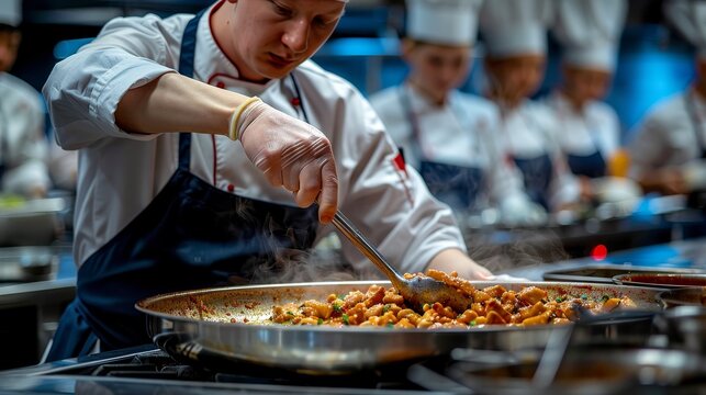 Male olympic chef prepares nutritious meal for diverse youth group in modern kitchen