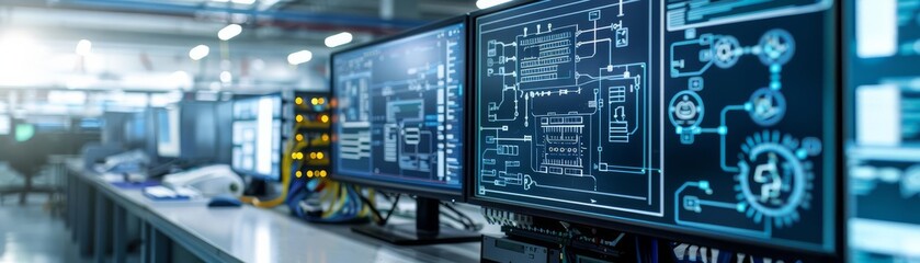 Obraz premium Modern engineering workstation with detailed schematics on display and hightech components, reflecting precision and innovation
