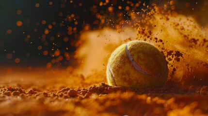 Close up on a tennis ball bouncing on the clay of the pitch, ocher powder and particles, action photo - Powered by Adobe