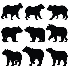 Set of Brown Bear animal black silhouettes vector on white background
