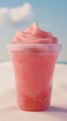 A Watermelon Coconut Milk Tea in a clear plastic cup, very tasty, ocean sunny beach background