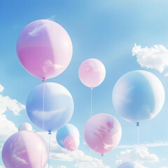 Background photo,  clouds are floating in the pastel-colored spring sky, and colored balloons are floating throughout the sky, surreal photo