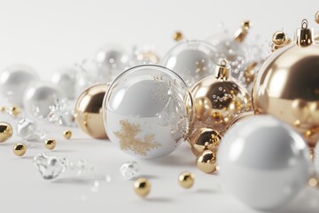Winter holiday Festive white and gold Christmas ornaments and baubles. Empty glass snowball isolated on white background, AI-generated