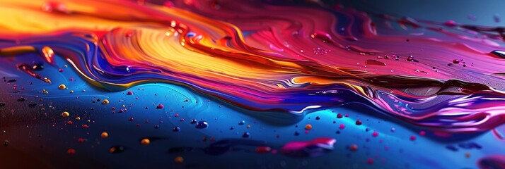 A detailed view of a vibrant liquid painting with intense colors and intricate patterns