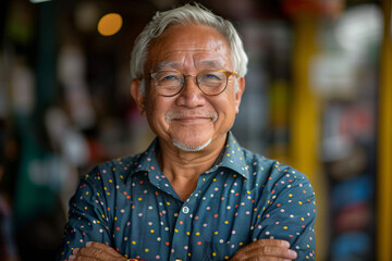 Cheerful Elderly Asian Man in a Polka Dot Shirt Standing Indoors with a Confident Smile