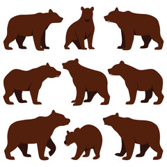 Set of Brown Bear animal black silhouettes vector on white background