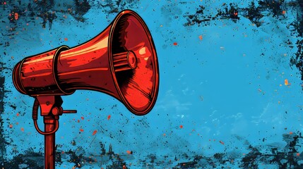 Playful dog holding a megaphone, cute canine with amplifier on vibrant blue background