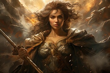 A fierce and fearless warrior woman, wielding a double-bladed axe and commanding the forces of storm and wind. - Generative AI