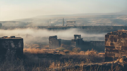 Fototapeta premium Bosra in a mystical atmosphere Surrounded by fog a_004