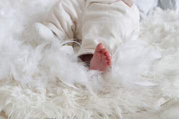 pieds nu de bébé sur plume blanche