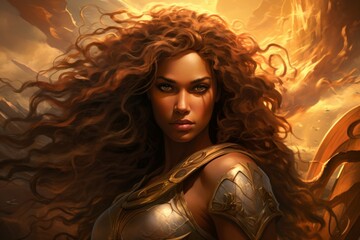 A fierce and fearless warrior woman, wielding a double-bladed axe and commanding the forces of storm and wind. - Generative AI