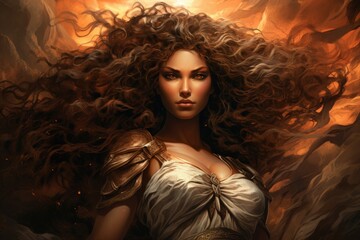 A fierce and fearless warrior woman, wielding a double-bladed axe and commanding the forces of storm and wind. - Generative AI