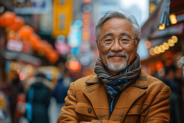 Distinguished Elderly Asian Man in a Coat and Scarf Standing Confidently in a Busy Street Market