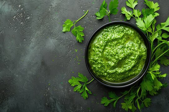 green chutney sauce, revealing its creamy consistency and vibrant blend of fresh mint pudina and yogurt, with a spicy on dark background