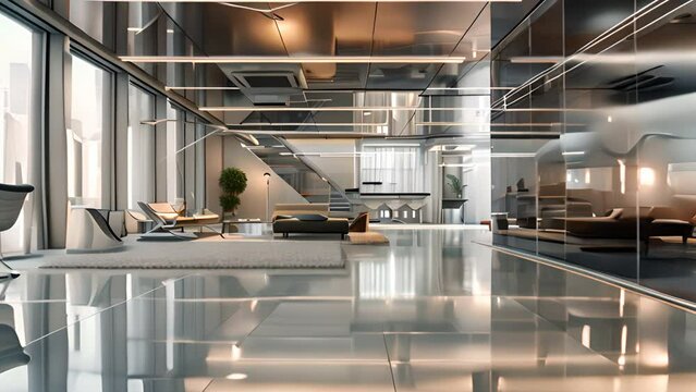 A sleek and futuristic office with metallic accents and glass walls,
