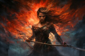 Obraz premium A fierce and fearless warrior woman, wielding a double-bladed axe and commanding the forces of storm and wind. - Generative AI