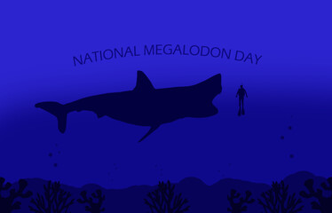 Obraz premium National Megalodon Day event banner. Illustration of a giant megalodon shark with a diver in the dark ocean to celebrate on June 15th