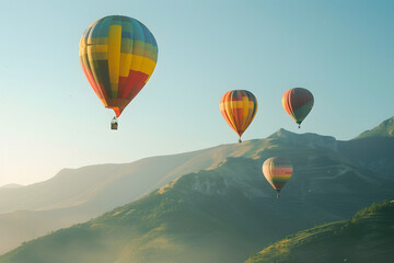 Naklejka premium Colorful hot air balloons flying over green mountain landscape.