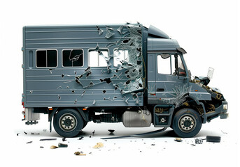 Obraz premium Destroyed transport van with broken windows