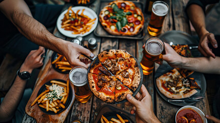 Friends Enjoying Pizza and Beer at an Outdoor Gathering