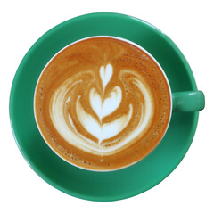 cup of hot latte art with saucer isolated on white.