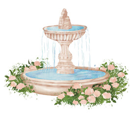 Watercolor fountain graphic illustration of beautiful sculpture with flowers around and waterfall. Idea for cartoons, books, children’s art, stickers, icons, poster, background 