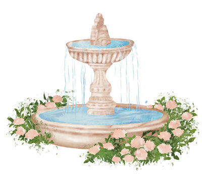 Watercolor fountain graphic illustration of beautiful sculpture with flowers around and waterfall. Idea for cartoons, books, children&rsquo;s art, stickers, icons, poster, background 