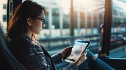 Fototapeta premium A businesswoman analyzing stock market graphs and data on a digital tablet during a business trip