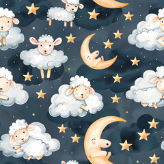 Cute seamless pattern sheep with moon and star cartoon on background in watercolor style.