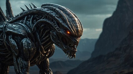 A fierce, biomechanical alien creature with glowing red eyes stands menacingly in a rugged extraterrestrial landscape