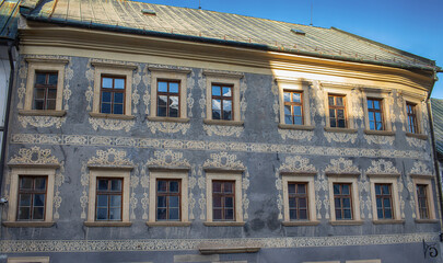 Sgraffito wall decor on the facade of historical building.Banska Stiavnica,Slovakia.High quality photo