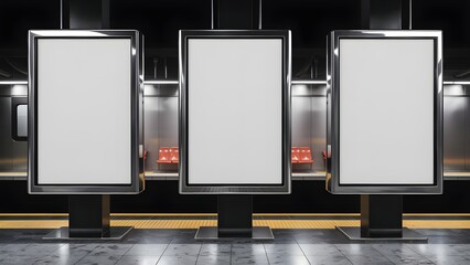 3 white blank sign board stands in an underground subway metro station, road sign board, signboard, billboard