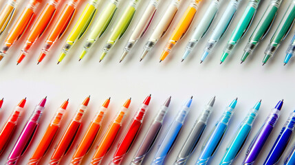 Fototapeta premium A row of colorful pens are lined up on a white background
