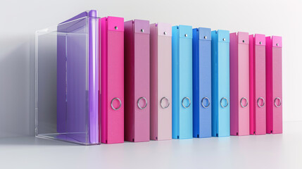 A row of pink and blue binders are lined up on a shelf
