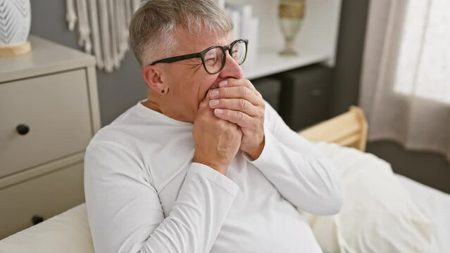 Giddy grey-haired gent in pjs! middle-age man, in bedroom, laughs up a riot, eyes a-twinkle. hand covering mouth, too amused by juicy gossip! embracing the fun, shamelessly joyous!