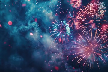 Naklejka premium Colourful holiday fireworks on blue background illustration. Independence Day celebration concept 