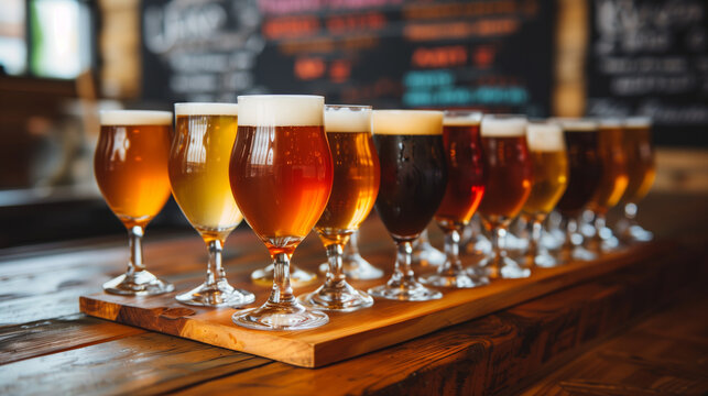 assorted craft beers on a wooden table