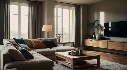 Fototapeta premium modern and minimal living room interior design, contemporary interior design, 3D render, cinematic lighting, A cozy living room with soft sofas, warm lighting and decorative elements such as cushions 