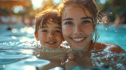 Sister and Brother Swimming Together in Pool, Smiling at Camera