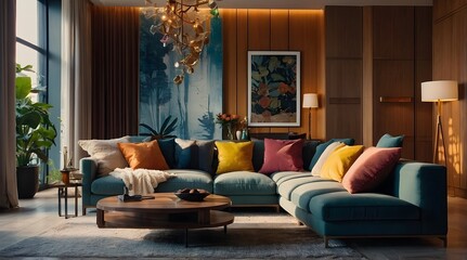 Fototapeta premium modern and minimal living room interior design, contemporary interior design, 3D render, cinematic lighting, A cozy living room with soft sofas, warm lighting and decorative elements such as cushions 