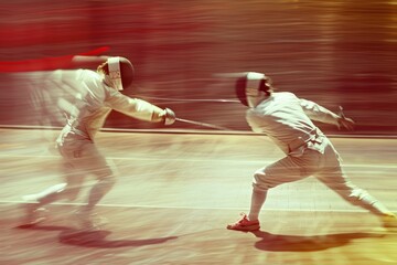 Naklejka premium Dynamic Artistic Depiction of Fencing Bout with Motion Blur and Abstract Piste Background